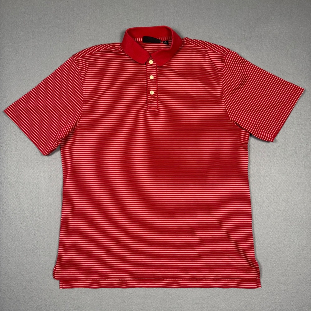 Ashworth Polo Shirt Mens Large Red White Striped Pebble Beach Golf Short Sleeve